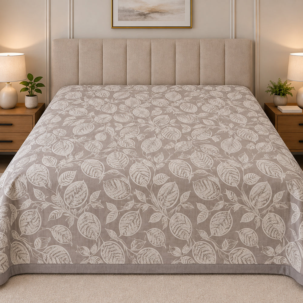 Taupe Botanical Leaf Linen Cotton Dohar
