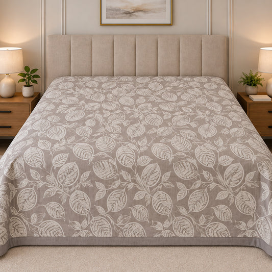 Taupe Botanical Leaf Linen Cotton Dohar