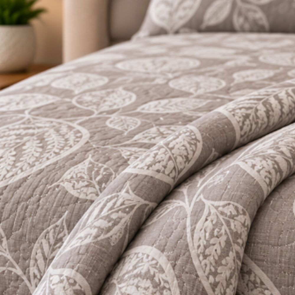 Taupe Botanical Leaf Linen Cotton Dohar